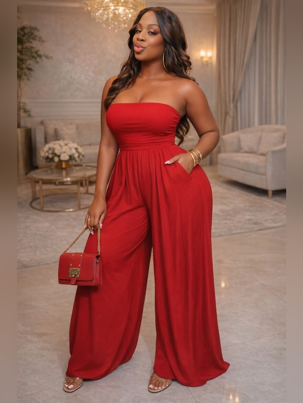 Women's Red Halter Jumpsuit.             [Only Available In Sizes M, XL, XXL]
